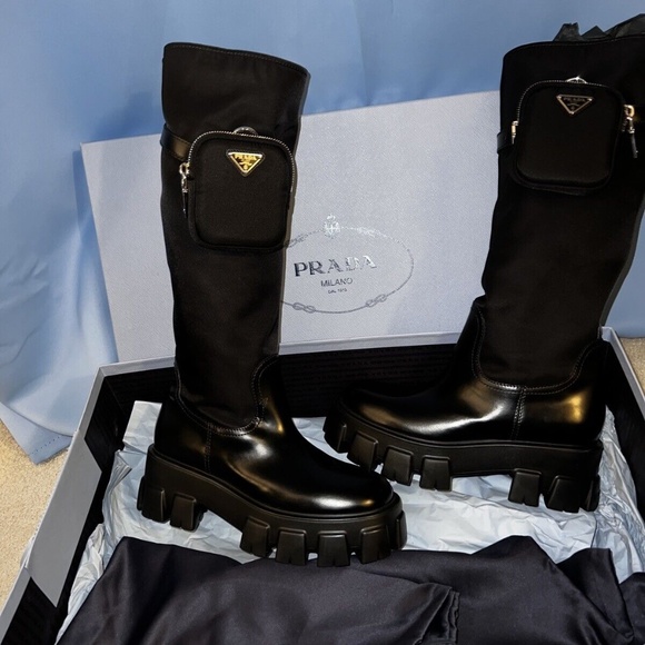 Prada Monolith Nylon Zip-Pocket Platform Riding Boots - Picture 1 of 11